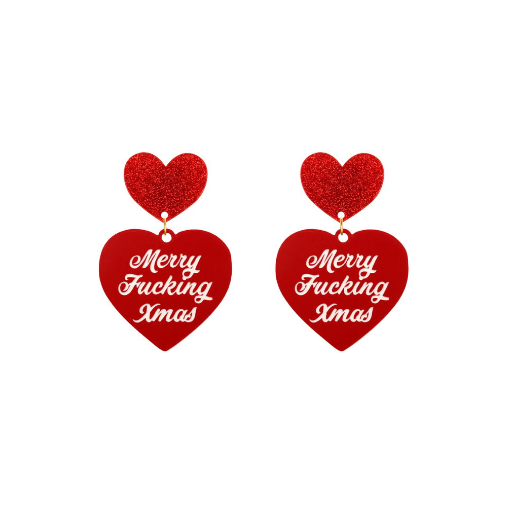 haus of dizzy red heart-shaped earrings with 'Merry Fucking Xmas' white text with red glitter heart stud tops size small