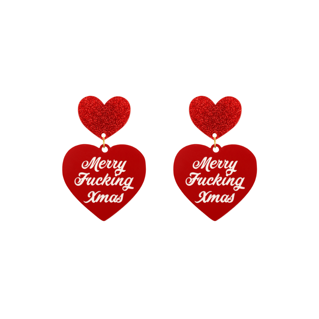 haus of dizzy red heart-shaped earrings with 'Merry Fucking Xmas' white text with red glitter heart stud tops size small