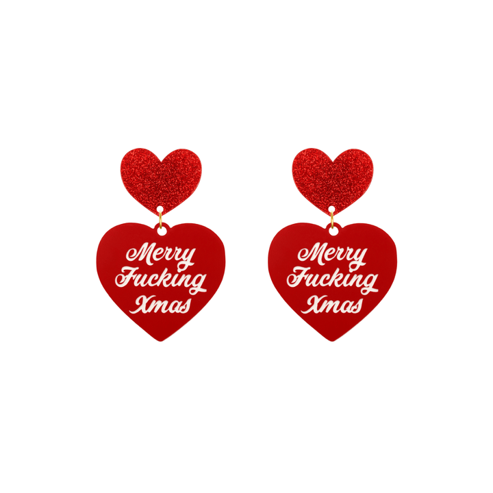 haus of dizzy red heart-shaped earrings with 'Merry Fucking Xmas' white text with red glitter heart stud tops size small