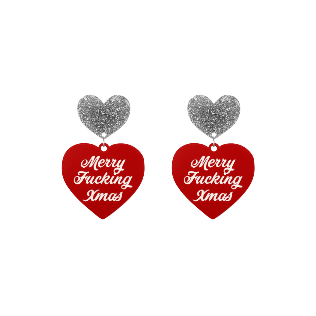 haus of dizzy red heart-shaped earrings with 'Merry Fucking Xmas' white text with silver glitter heart stud tops size small