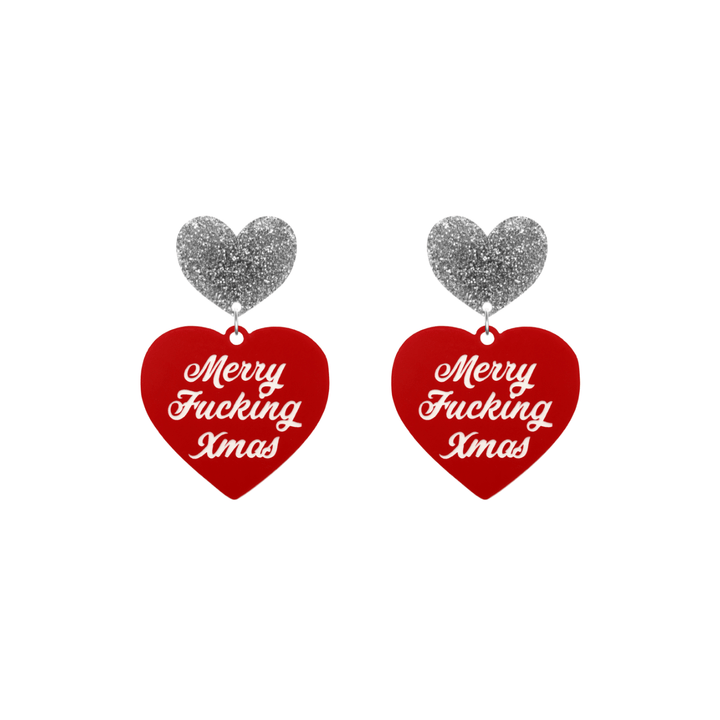 haus of dizzy red heart-shaped earrings with 'Merry Fucking Xmas' white text with silver glitter heart stud tops size small