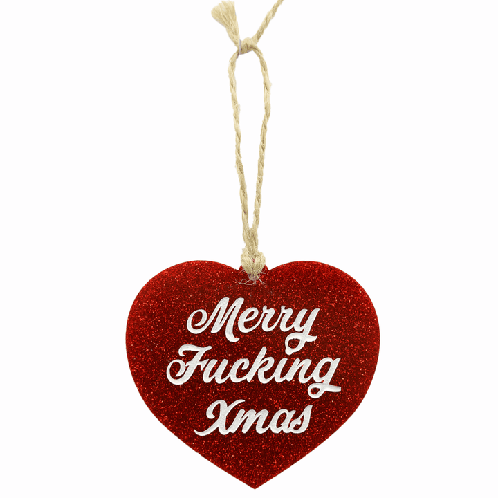 haus of dizzy red glitter heart ornament with merry fucking xmas in white hand painted text on front hung on twine one size