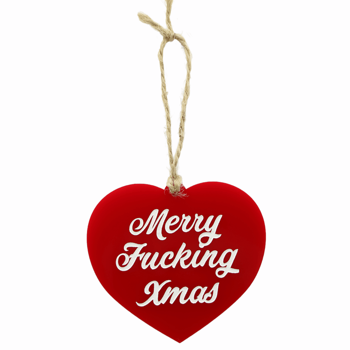 haus of dizzy red gloss heart ornament with merry fucking xmas in white hand painted text on front hung on twine one size
