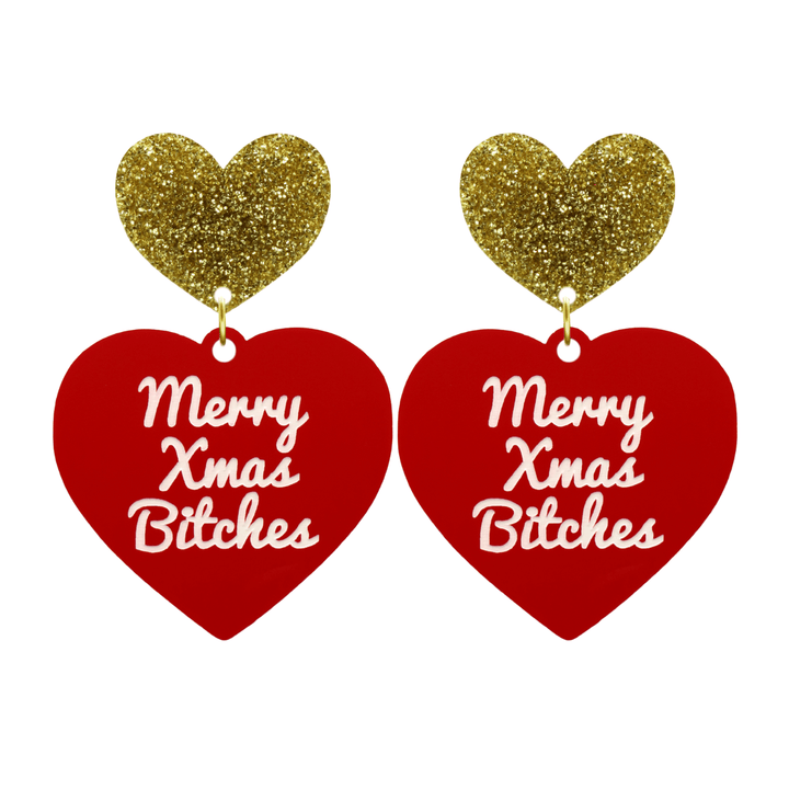 haus of dizzy red heart-shaped earrings with ‘Merry Xmas Bitches' white text with gold glitter heart stud tops size large