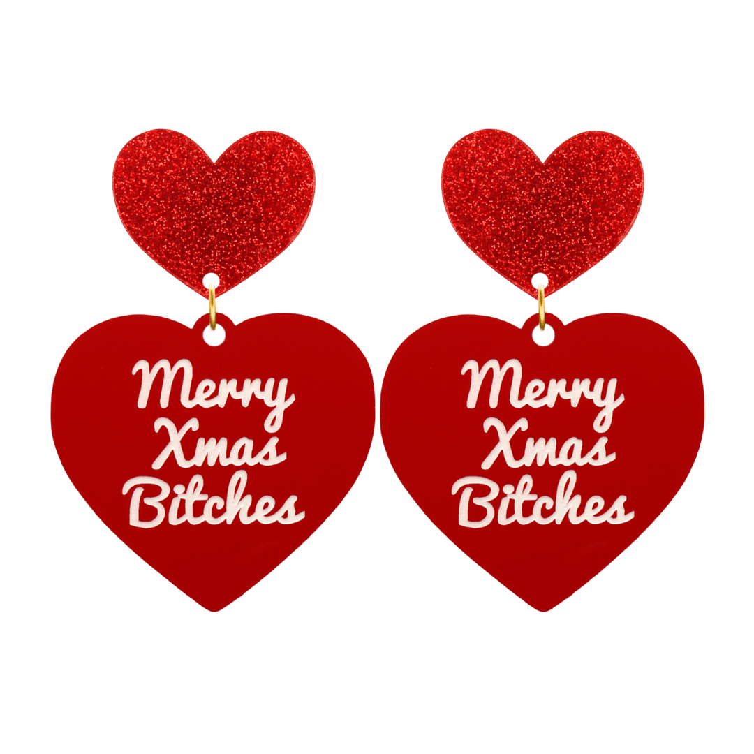 haus of dizzy red heart-shaped earrings with ‘Merry Xmas Bitches' white text with red glitter heart stud tops size large