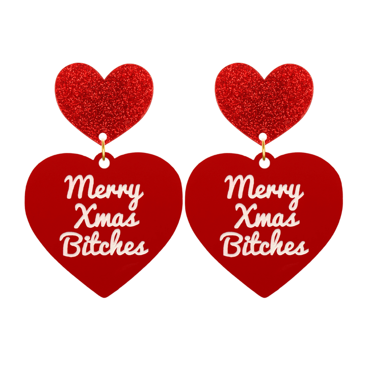 haus of dizzy red heart-shaped earrings with ‘Merry Xmas Bitches' white text with red glitter heart stud tops size large