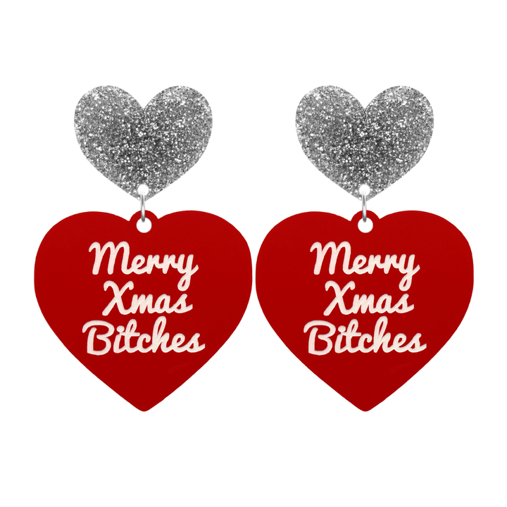 haus of dizzy red heart-shaped earrings with ‘Merry Xmas Bitches' white text with silver glitter heart stud tops size large