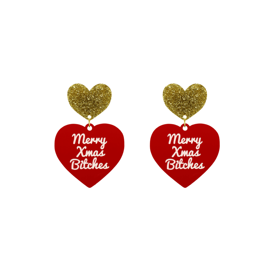 haus of dizzy red heart-shaped earrings with ‘Merry Xmas Bitches' white text with gold glitter heart stud tops size small