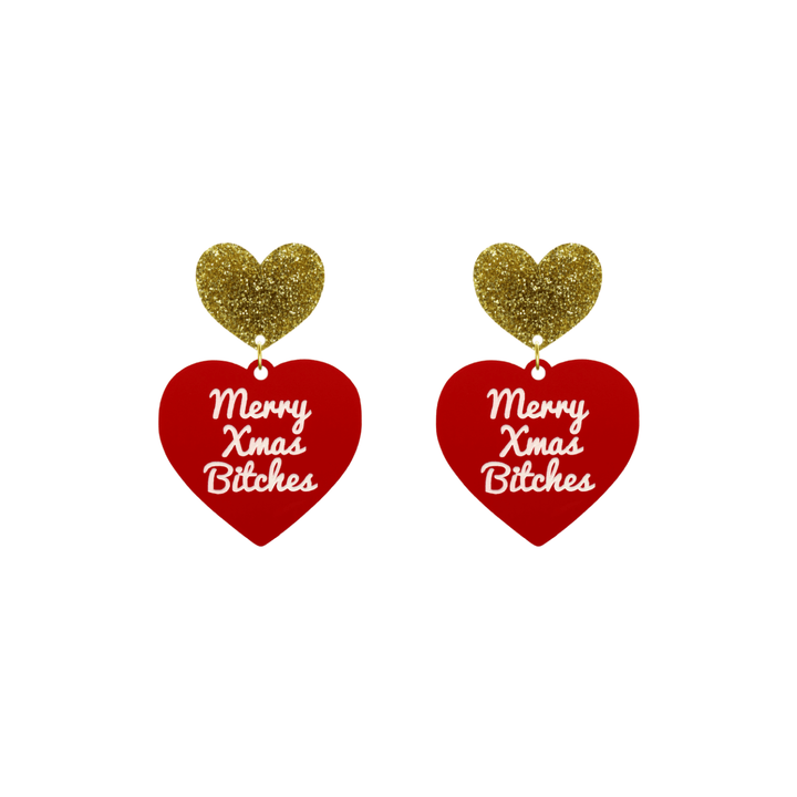 haus of dizzy red heart-shaped earrings with ‘Merry Xmas Bitches' white text with gold glitter heart stud tops size small