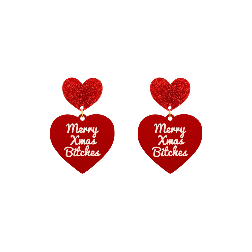 haus of dizzy red heart-shaped earrings with ‘Merry Xmas Bitches' white text with red glitter heart stud tops size small