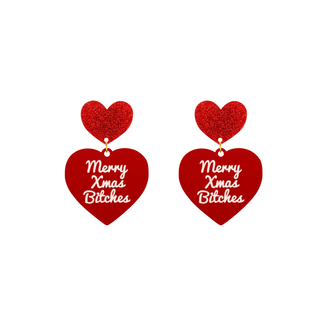 haus of dizzy red heart-shaped earrings with ‘Merry Xmas Bitches' white text with red glitter heart stud tops size small