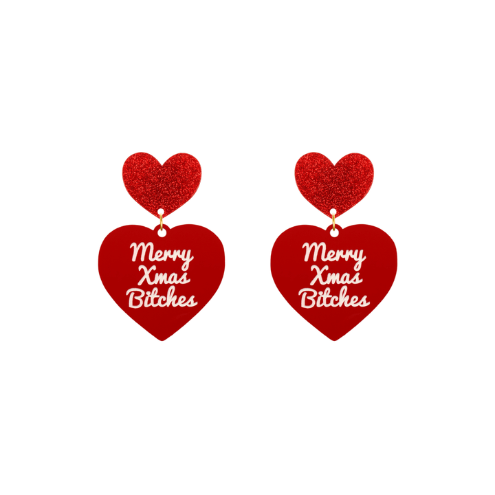 haus of dizzy red heart-shaped earrings with ‘Merry Xmas Bitches' white text with red glitter heart stud tops size small