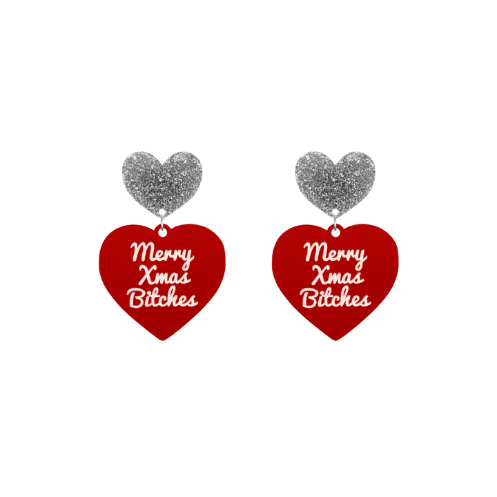haus of dizzy red heart-shaped earrings with ‘Merry Xmas Bitches' white text with silver glitter heart stud tops size small