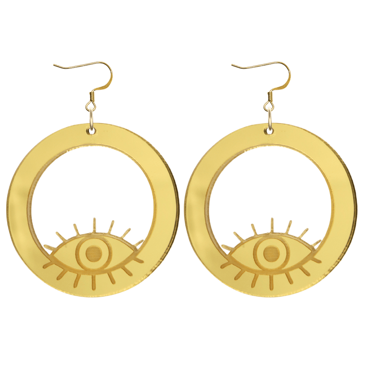 haus of dizzy gold mirror hoop earrings with etched eye design size large with gold hooks no circle tops