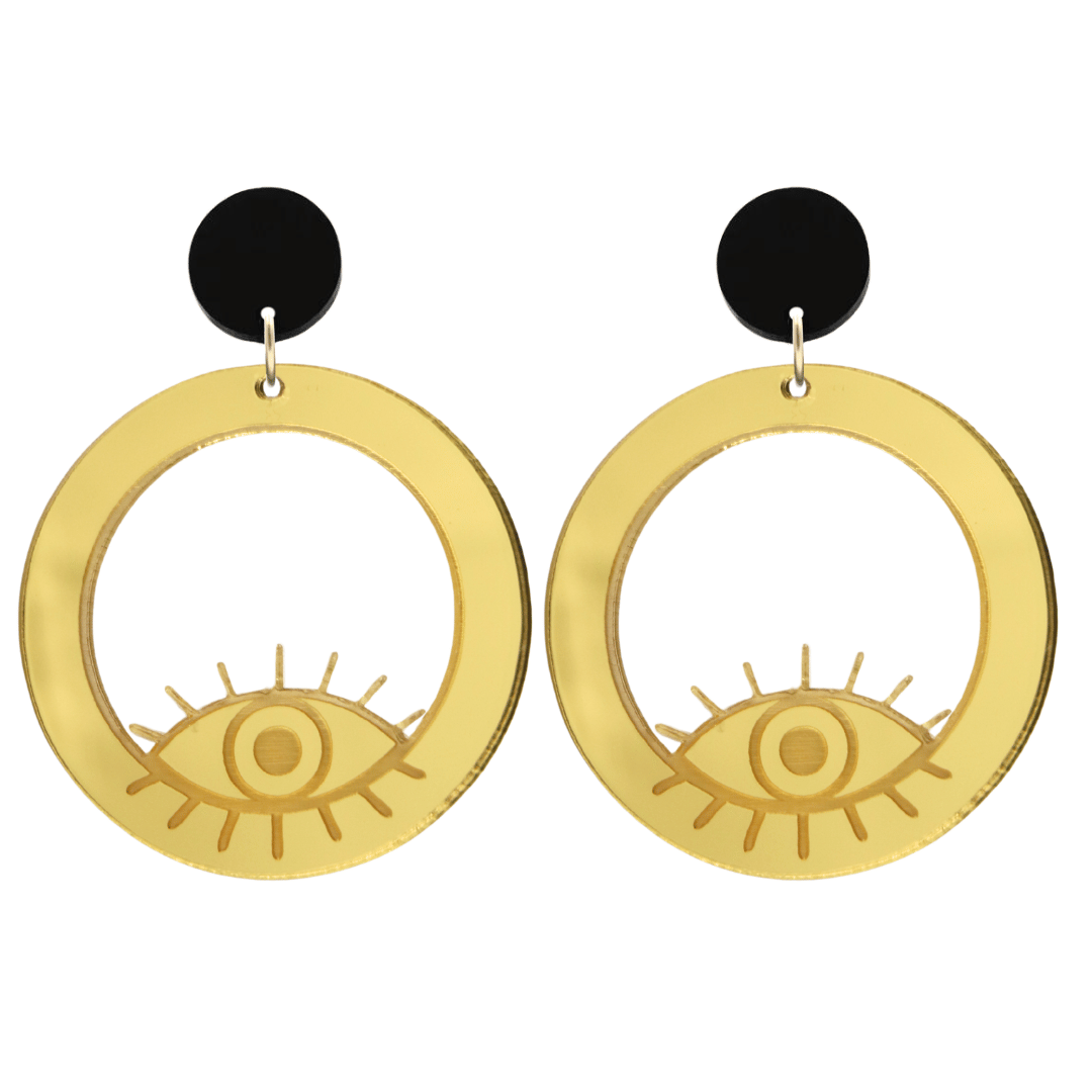 haus of dizzy gold mirror hoop earrings with etched eye design size large with black circle tops