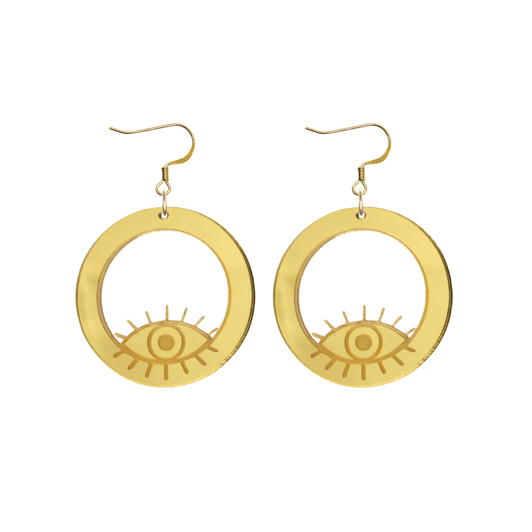 haus of dizzy gold mirror hoop earrings with etched eye design size small with gold hooks no circle tops