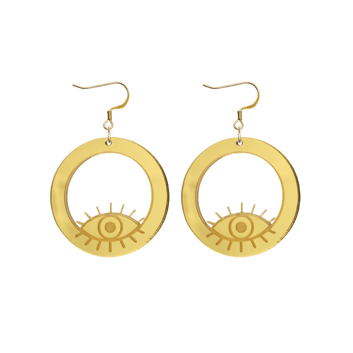 haus of dizzy gold mirror hoop earrings with etched eye design size small with gold hooks no circle tops