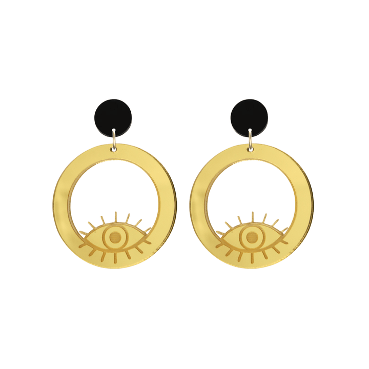 haus of dizzy gold mirror hoop earrings with etched eye design size small with black circle tops