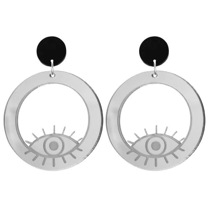 haus of dizzy silver mirror hoop earrings with etched eye design size large with black circle tops