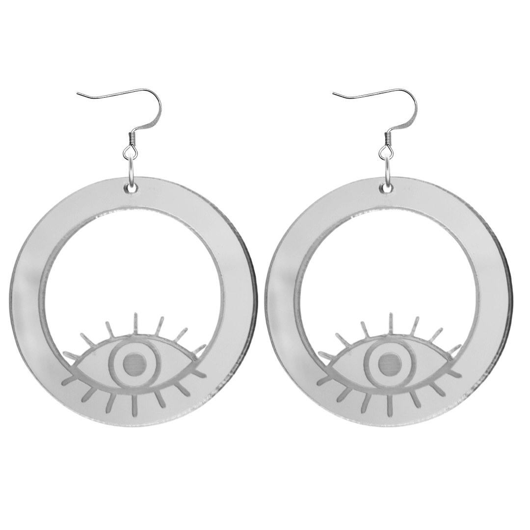 haus of dizzy silver mirror hoop earrings with etched eye design size large with silver hooks no circle tops