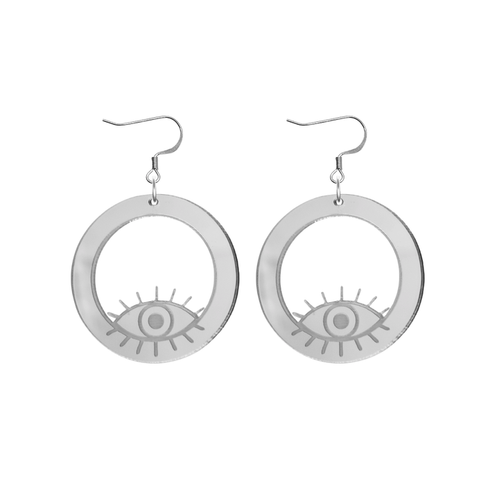haus of dizzy silver mirror hoop earrings with etched eye design size small with silver hooks no circle tops