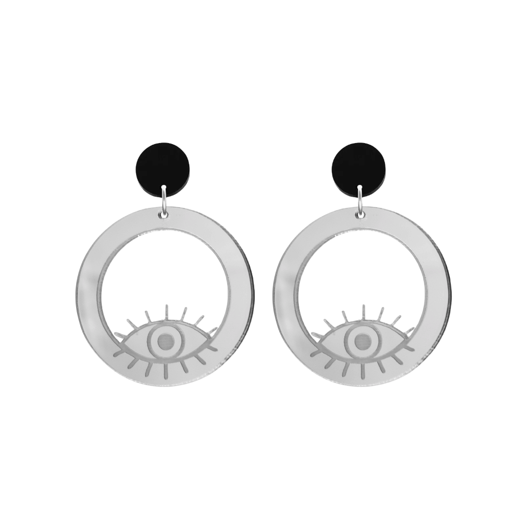 haus of dizzy silver mirror hoop earrings with etched eye design size small with black circle tops