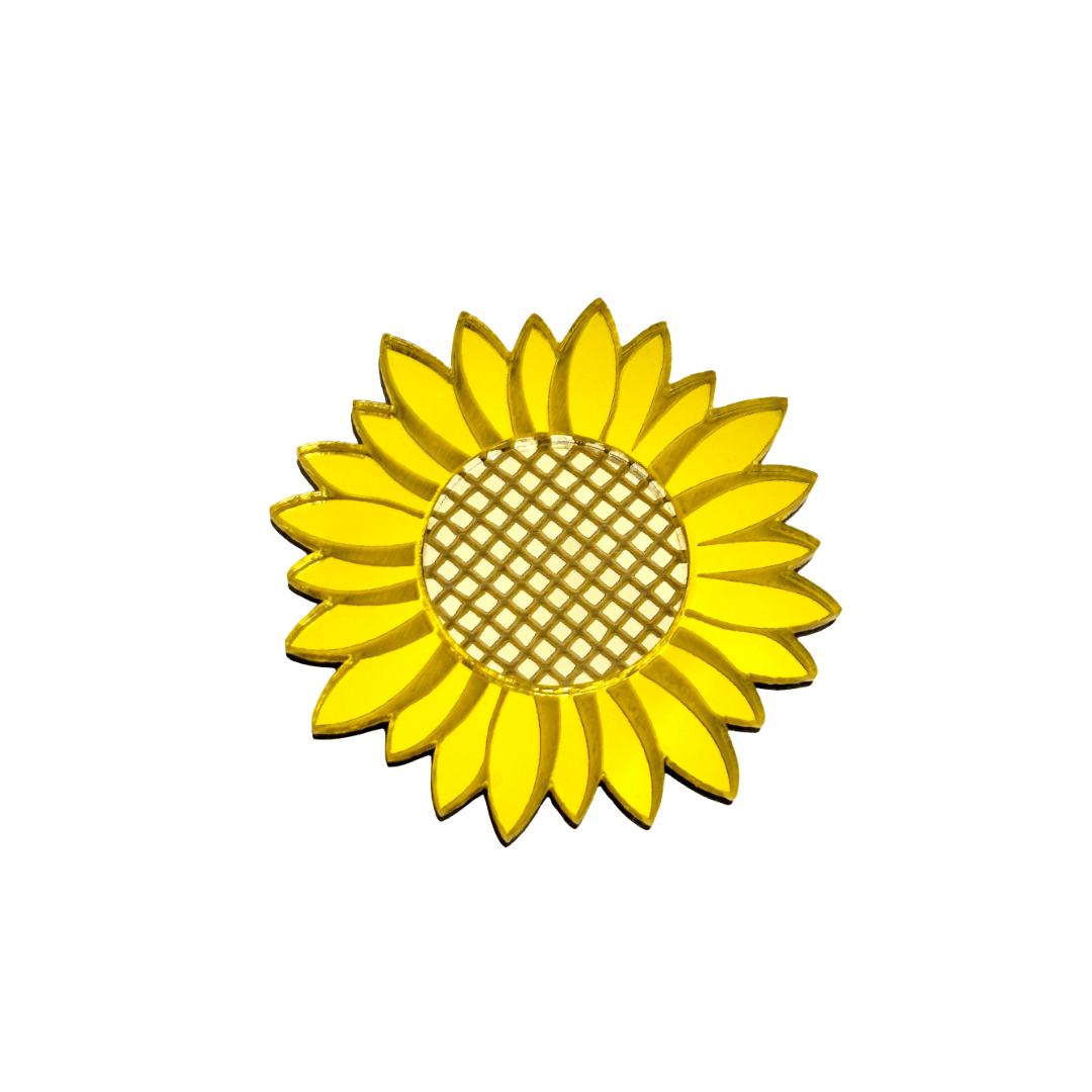 image of haus of dizzys mirror sunflower pin made from yellow and gold etched mirror acrylic