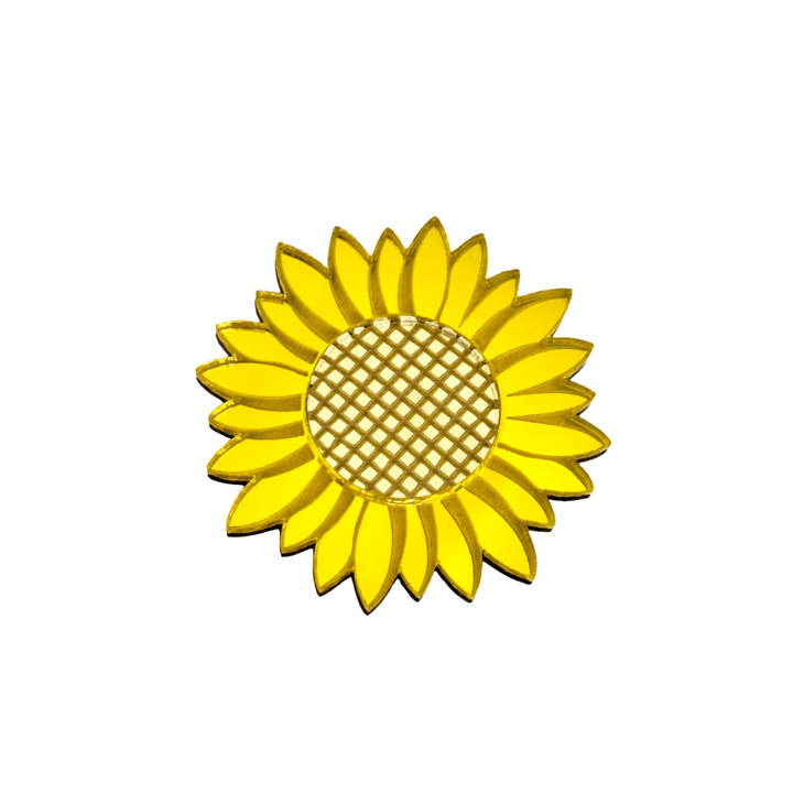 image of haus of dizzys mirror sunflower pin made from yellow and gold etched mirror acrylic