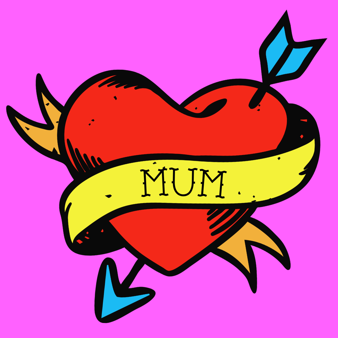 haus of dizzy greeting card with hot pink background with tattoo style heart with banner and arrow through it that reads MUM in tattoo font