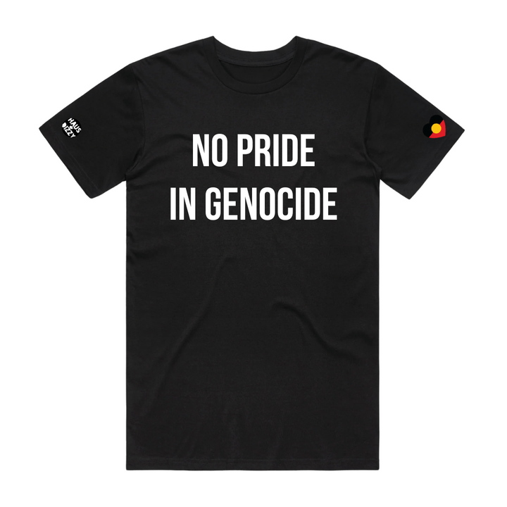 Black t-shirt with 'NO PRIDE IN GENOCIDE' in white text on a white background