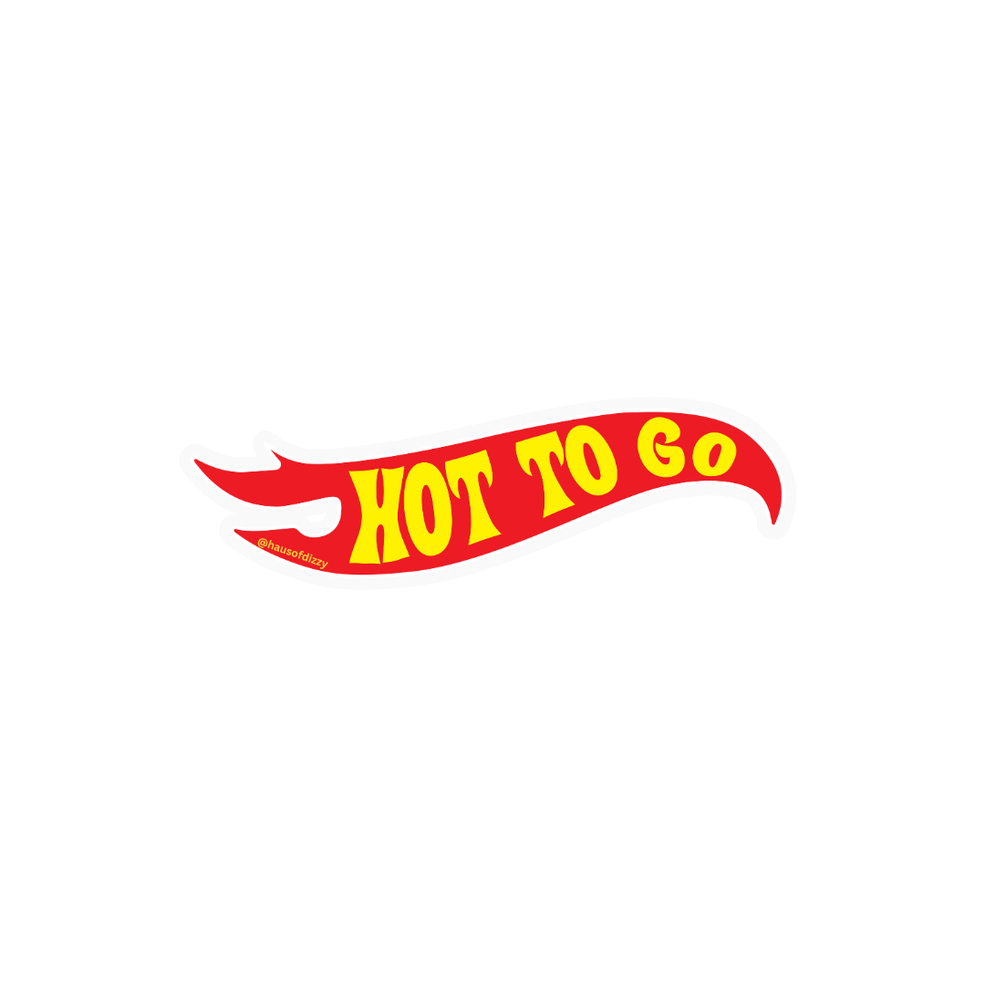haus of dizzy order up sticker, red flame shape with hot to go in yellow car font