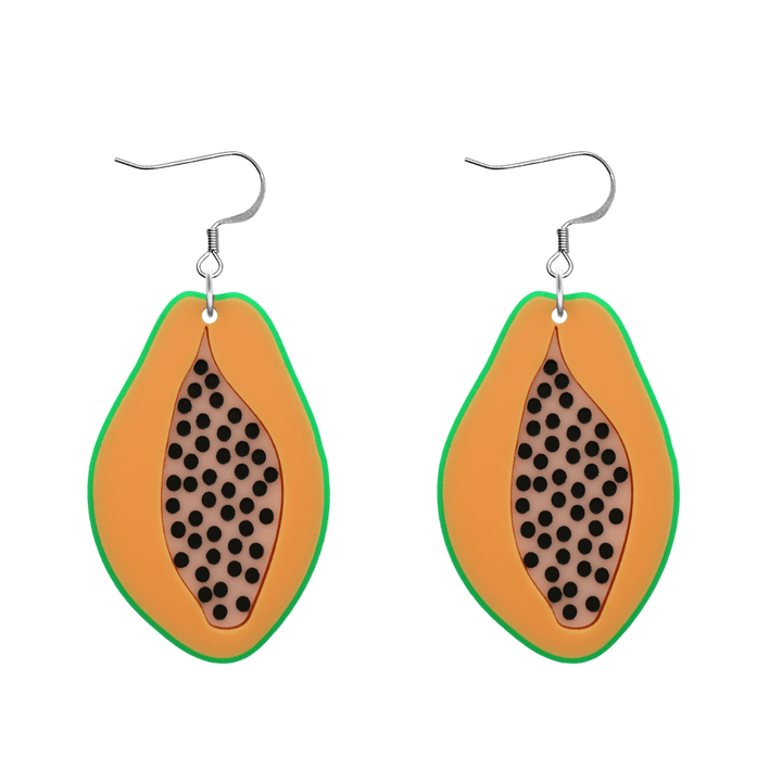 An image of Haus of Dizzy's papaya sunrise earrings, large papaya-shaped dangle earrings, with green, pastel peach, and blush acrylic with black paint fill and a hook top.