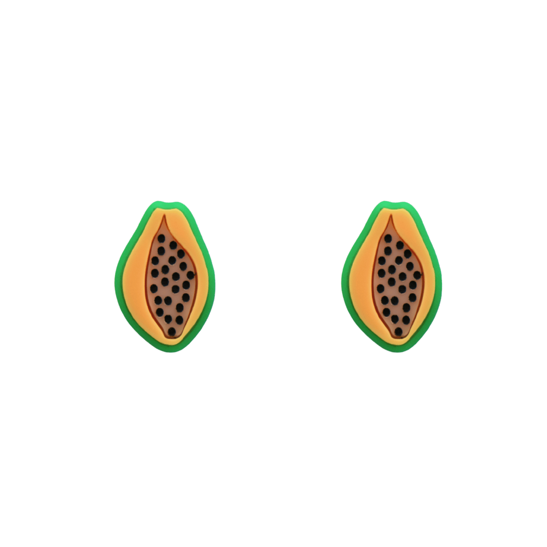 An image of Haus of Dizzy's papaya sunrise studs, papaya-shaped, with green, pastel peach, and blush acrylic with black paint fill.
