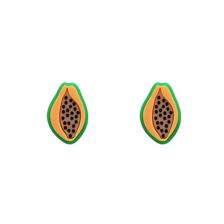 An image of Haus of Dizzy's papaya sunrise studs, papaya-shaped, with green, pastel peach, and blush acrylic with black paint fill.
