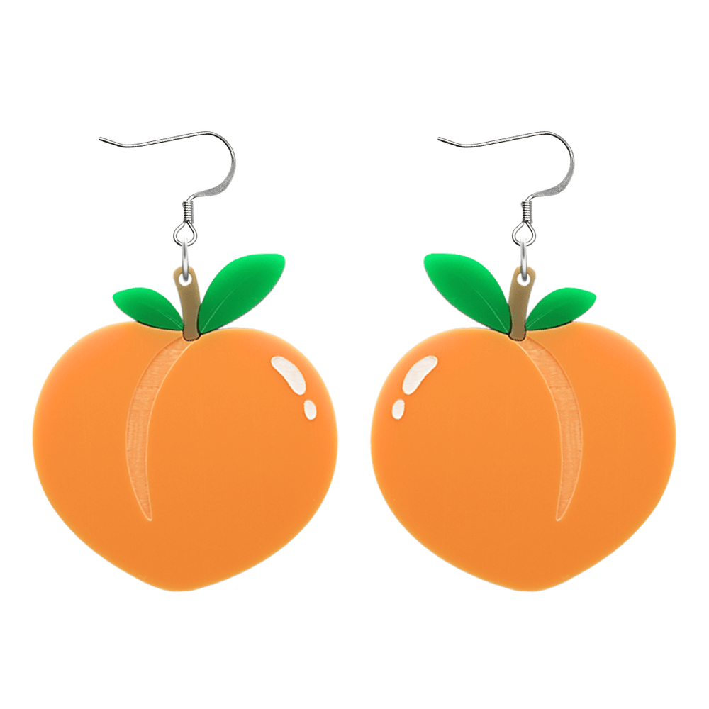 An image of Haus of Dizzy's peachy keen earrings, large peach-shaped dangle earrings, with green, pastel peach, and brown acrylic with white paint fill and a hook top.