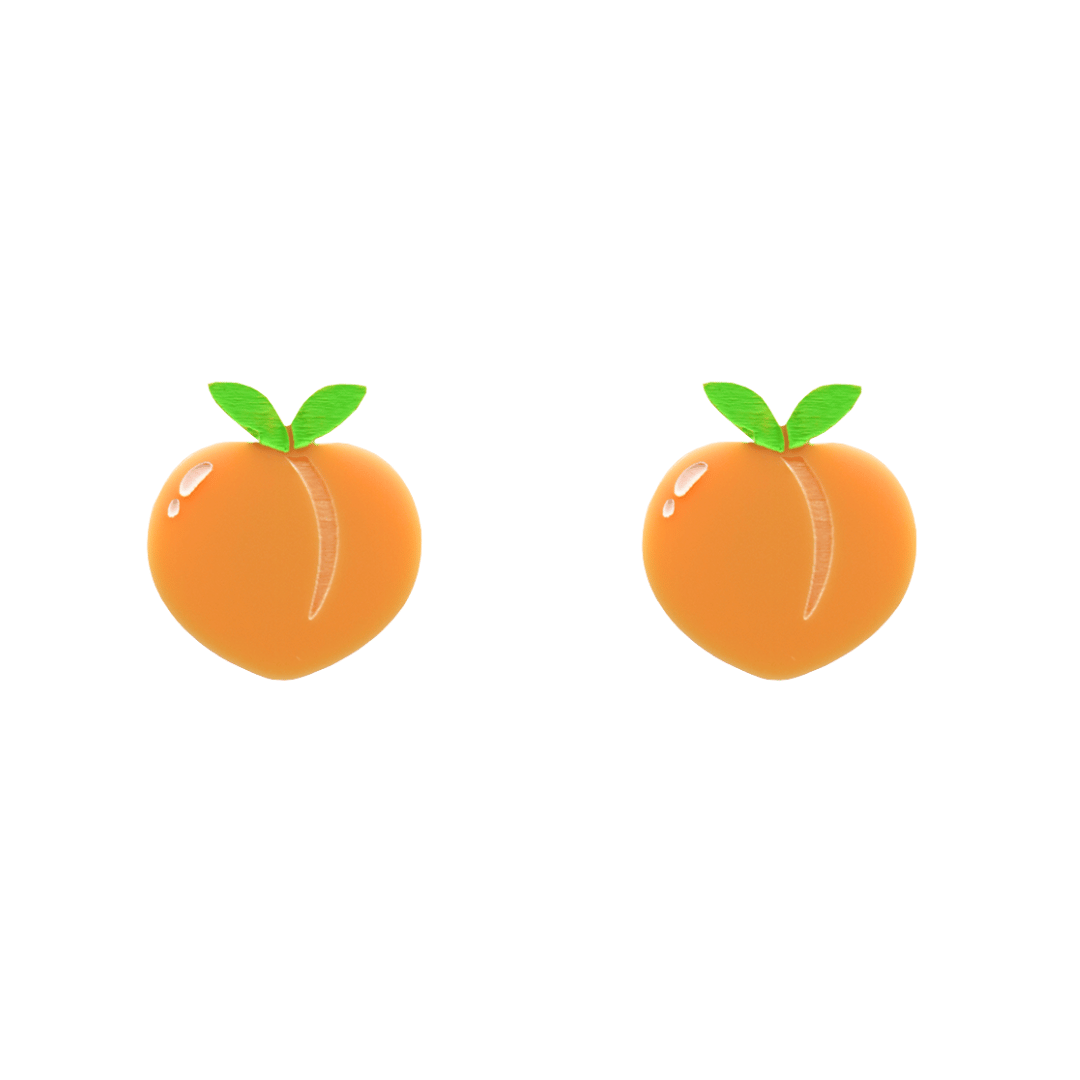 An image of Haus of Dizzy's peachy keen STUDS, peach-shaped, with pastel peach acrylic with white and apple green paint fill.
