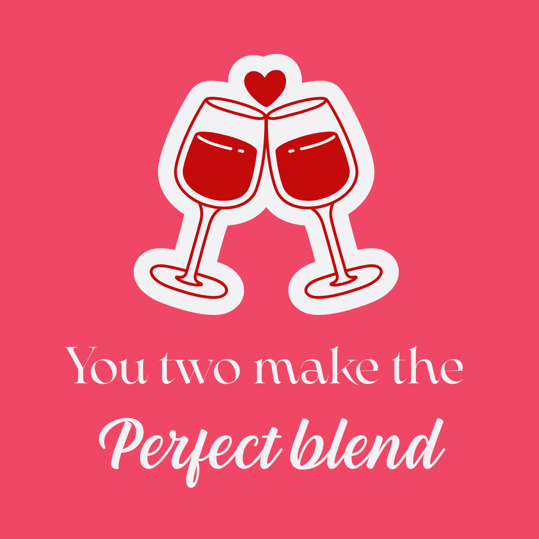 haus of dizzy wedding greeting card with two wine glasses toasting with a heart above on a pink background with text 'You two make the perfect blend'