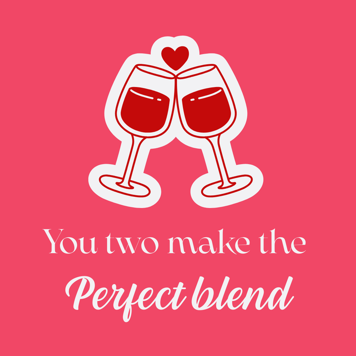 haus of dizzy wedding greeting card with two wine glasses toasting with a heart above on a pink background with text 'You two make the perfect blend'