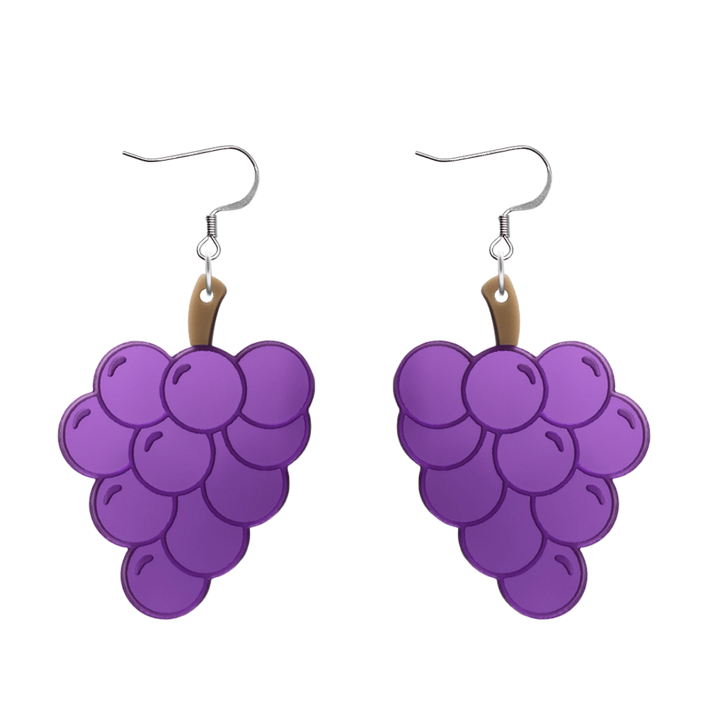 An image of Haus of Dizzy's pre-wine earrings, large grape-shaped dangle earrings, with mirror purple and brown acrylic and a hook top.
