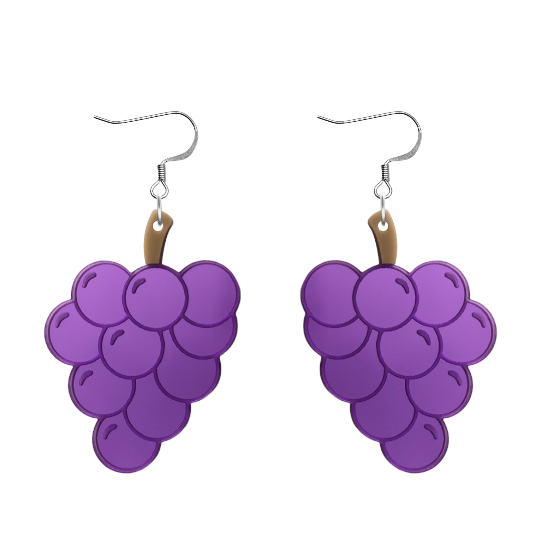 An image of Haus of Dizzy's pre-wine earrings, large grape-shaped dangle earrings, with mirror purple and brown acrylic and a hook top.
