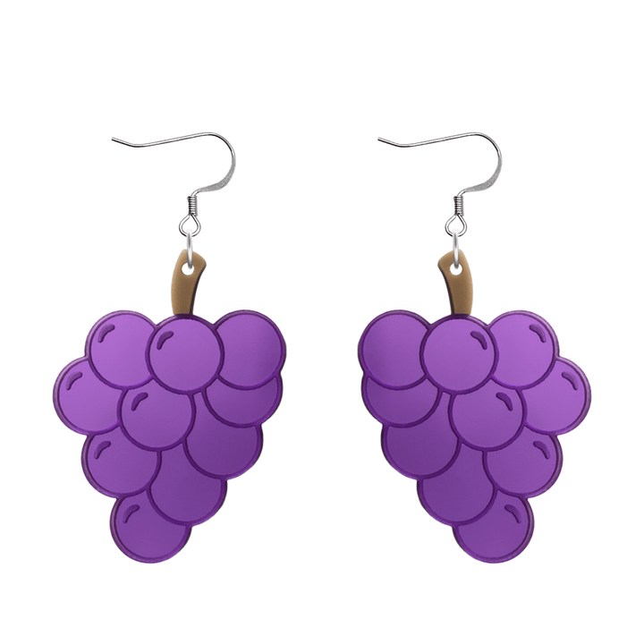 An image of Haus of Dizzy's pre-wine earrings, large grape-shaped dangle earrings, with mirror purple and brown acrylic and a hook top.
