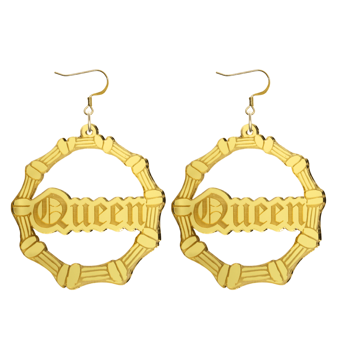haus of dizzy acrylic gold mirror bamboo hoops with old english text that reads queen with hooks no circle stud tops size large