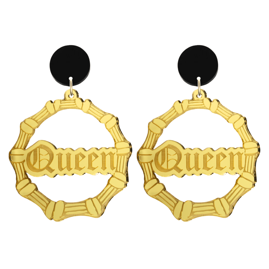 haus of dizzy acrylic gold mirror bamboo hoops with old english text that reads queen with black circle stud tops size large