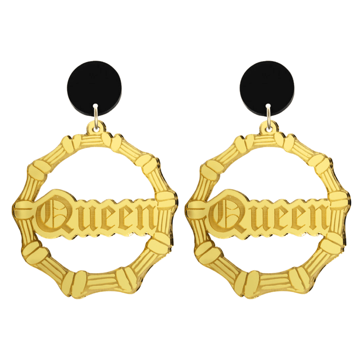 haus of dizzy acrylic gold mirror bamboo hoops with old english text that reads queen with black circle stud tops size large