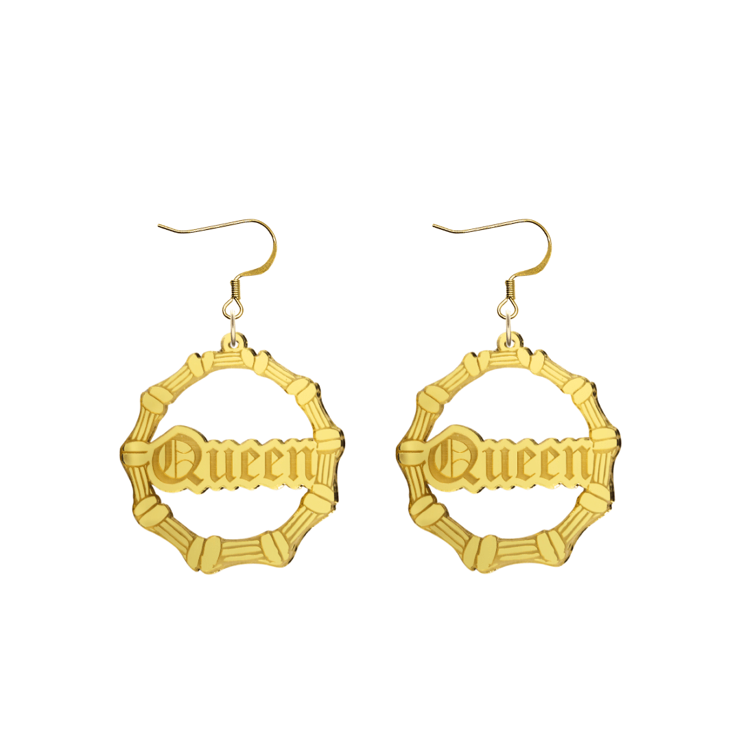 haus of dizzy acrylic gold mirror bamboo hoops with old english text that reads queen with hooks no circle stud tops size small