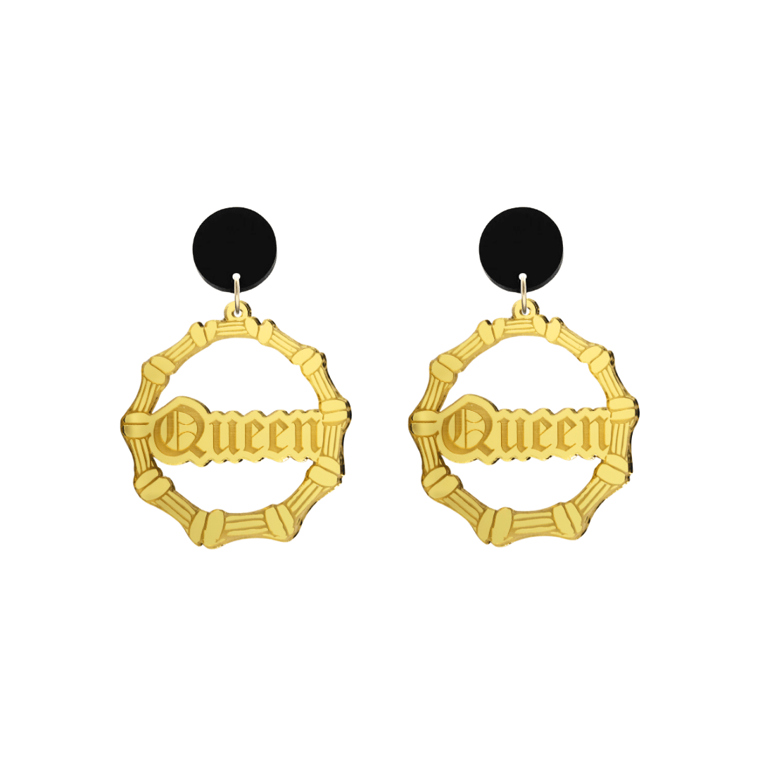 haus of dizzy acrylic gold mirror bamboo hoops with old english text that reads queen with black circle stud tops size small