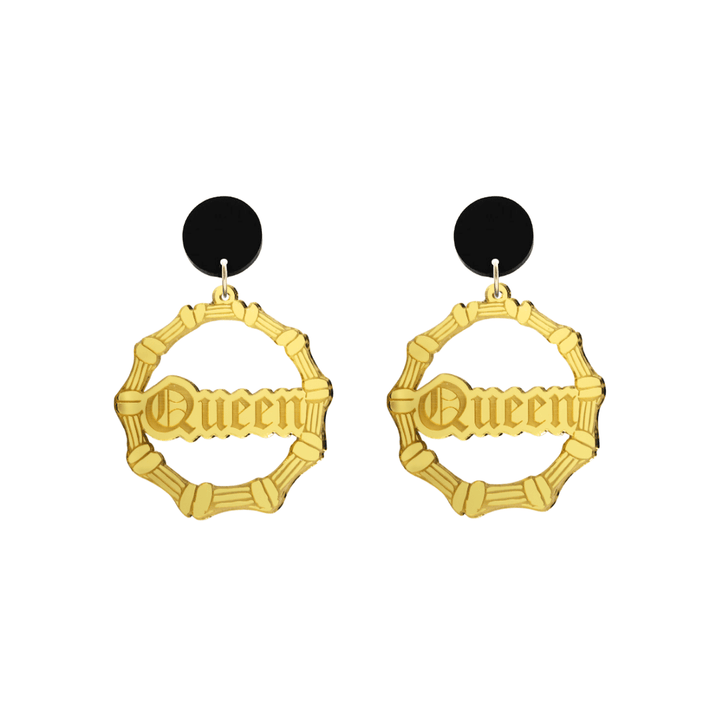 haus of dizzy acrylic gold mirror bamboo hoops with old english text that reads queen with black circle stud tops size small