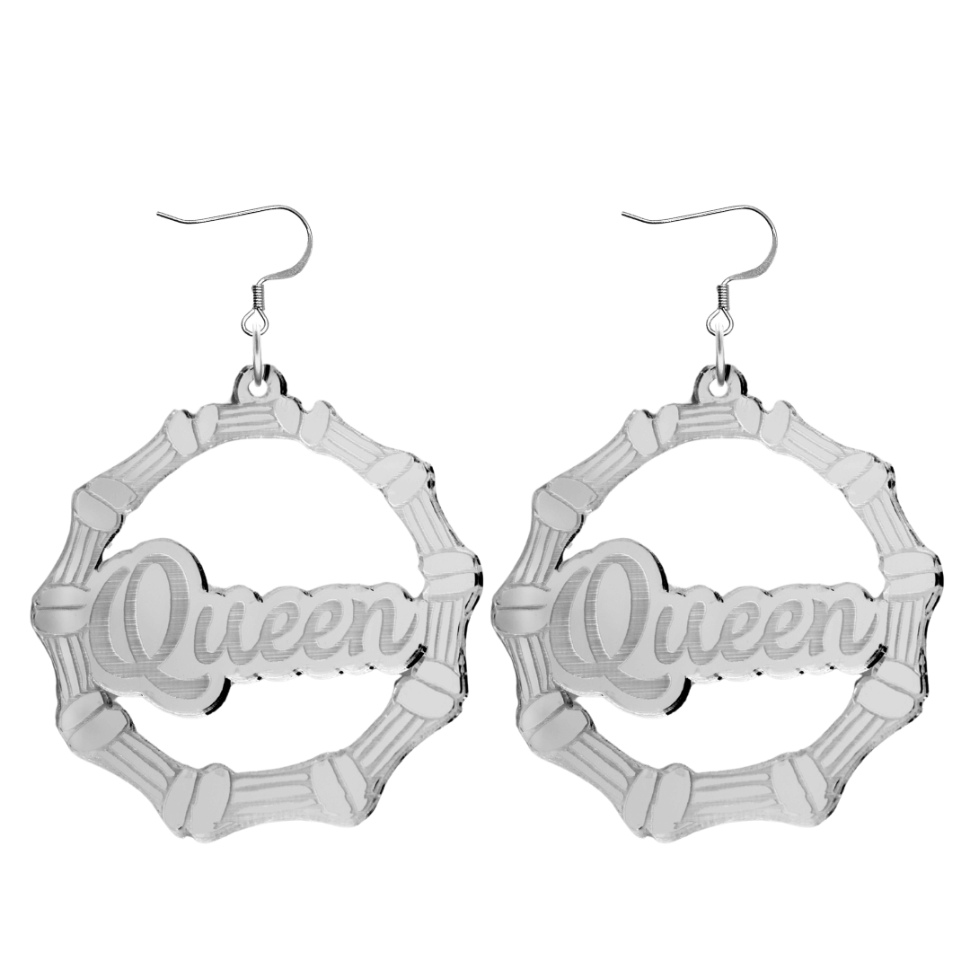 haus of dizzy acrylic silver mirror bamboo hoops with ollie cursive text that reads queen with hooks no circle stud tops size large
