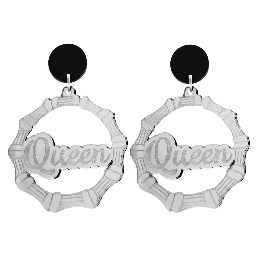 haus of dizzy acrylic silver mirror bamboo hoops with ollie cursive text that reads queen with black circle stud tops size large