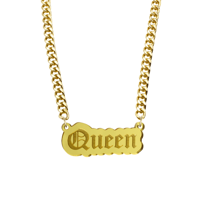 haus of dizzy gold necklace with 'Queen' acrylic pendant size large